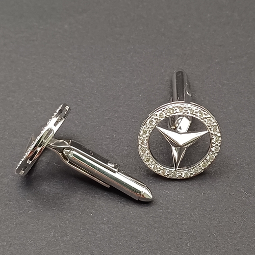 16 - Mercedes Diamond Encrusted Cuff Links all set in 18 carat white gold.  These are bespoke and quite s... 