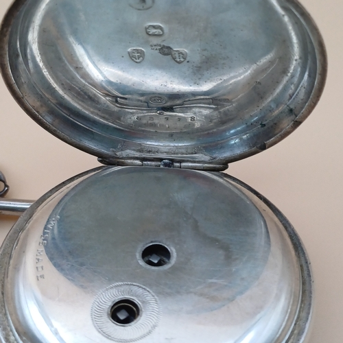 25 - Silver Open Face Pocket Watch, Albert Chain and key. There is no manufacturer on the face of the wat... 