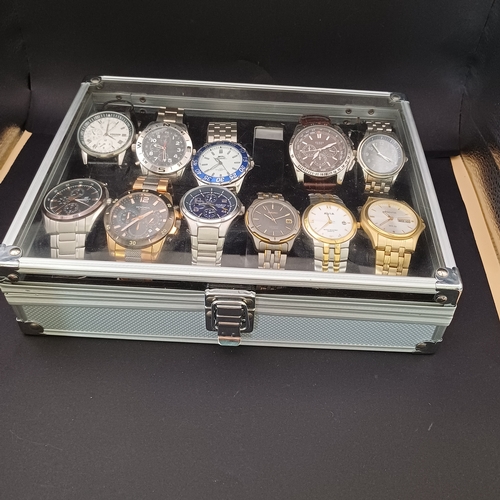 43 - Box of Watches,  11 in all:  Edifice, Sekonda, Casio, Seiko,  Accurist, Avia, Mercier, Guess, Slazen... 