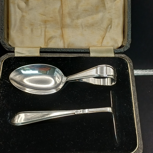 80 - Boxed Silver Baby Pusher and Spoon.  Birmingham Assay for I. S. Greenberg & Co date stamp 1937.   To... 