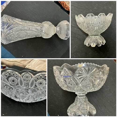 212 - Gorgeous collection of vintage glassware. Large vase, fruit bowl and one large and small sweet bowl.