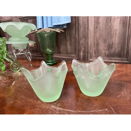 225 - Selection of green glass items, some confirmed as Uranium glass, really pretty collection