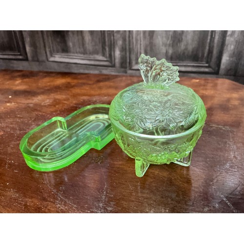 225 - Selection of green glass items, some confirmed as Uranium glass, really pretty collection