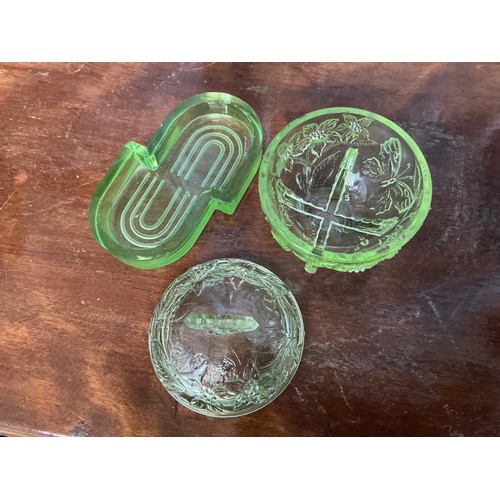 225 - Selection of green glass items, some confirmed as Uranium glass, really pretty collection