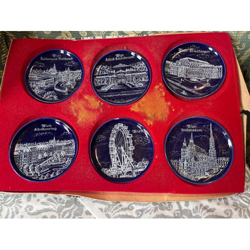 238 - Set of six cobalt blue souvenir plates/coasters featuring landmarks from Vienna