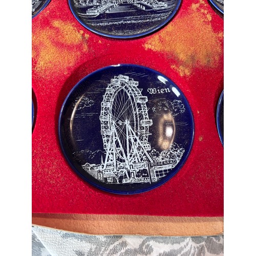 238 - Set of six cobalt blue souvenir plates/coasters featuring landmarks from Vienna