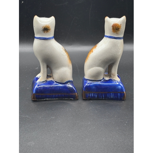 115 - This is a pair of Staffordshire pottery cat figurines seated on blue cushions. These items are colle... 