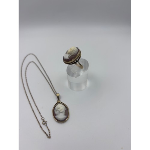 17 - Beautiful 9ct cameo ring and necklace.
Size P; Total weight 8.24g