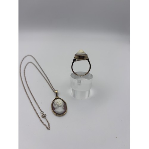 17 - Beautiful 9ct cameo ring and necklace.
Size P; Total weight 8.24g