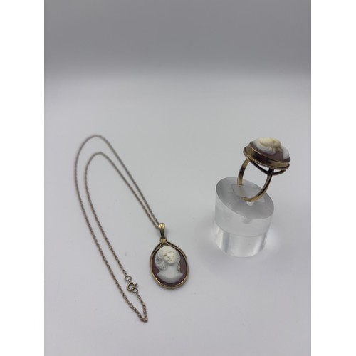 17 - Beautiful 9ct cameo ring and necklace.
Size P; Total weight 8.24g
