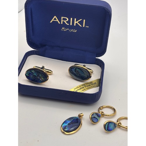 46 - Arike Paua shell collection pendant, earrings and mens cuff links. 22ct gold plated