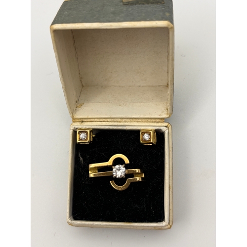 16A - Stunning handmade 9ct gold diamond ring and matching earrings.