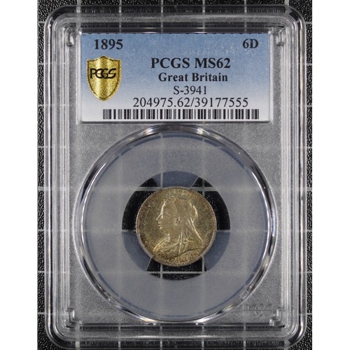 108 - 1895 Sixpence, Victoria. PCGS Graded MS62 with peripheral rainbow toning and golden hues throughout.