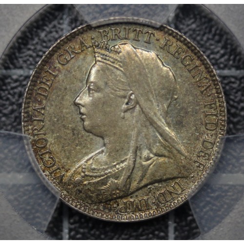 108 - 1895 Sixpence, Victoria. PCGS Graded MS62 with peripheral rainbow toning and golden hues throughout.