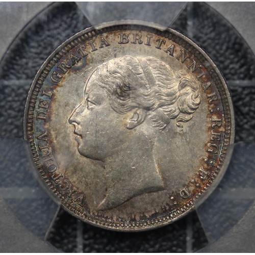 103 - 1881 Sixpence, Victoria. PCGS Graded MS62. A few contact marks otherwise with attractive toning in t... 