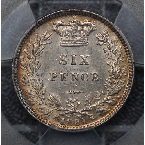 103 - 1881 Sixpence, Victoria. PCGS Graded MS62. A few contact marks otherwise with attractive toning in t... 