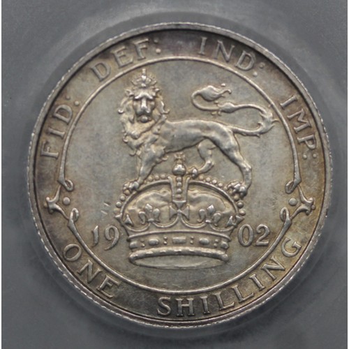 122 - 1902 Shilling, Edward VII. Graded CGS75. The obverse with small scratch on neck. Golden peripheral t... 