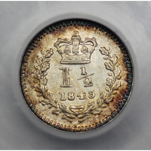 74 - 1843 Threehalfpence, Victoria. Certified and graded CGS75. Flat topped 4 with 