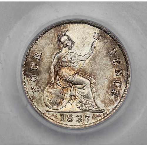 91 - 1837 Groat, William IV. Graded CGS78. Davies 384 (Obverse 2, Large Head). Virtually uncirculated, lu... 