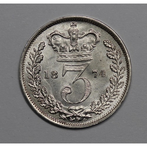 75 - 1874 Threepence, Victoria. A few trivial surface marks otherwise uncirculated or very near with full... 