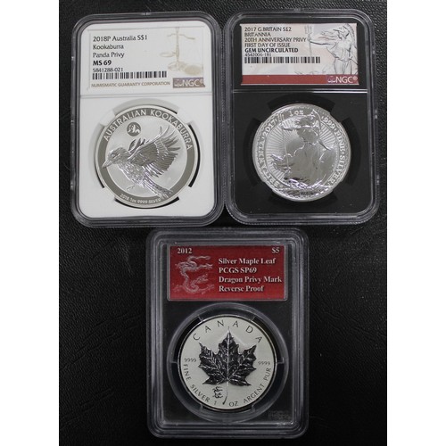 292 - 3 x World Certified 1oz Silver including 2018P Silver Kookaburra with panda privy, 2017 Britannia £2... 