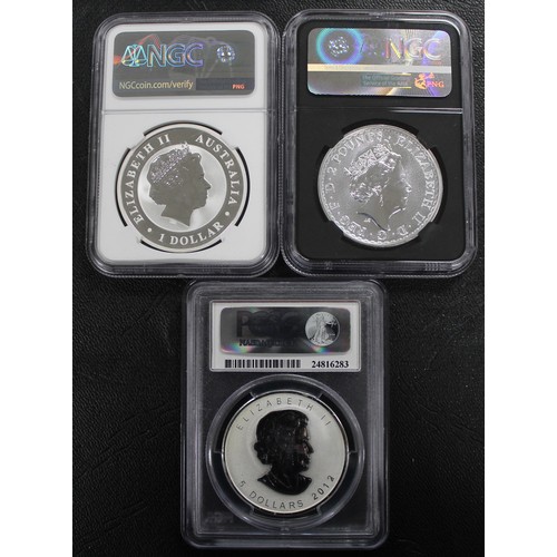 292 - 3 x World Certified 1oz Silver including 2018P Silver Kookaburra with panda privy, 2017 Britannia £2... 