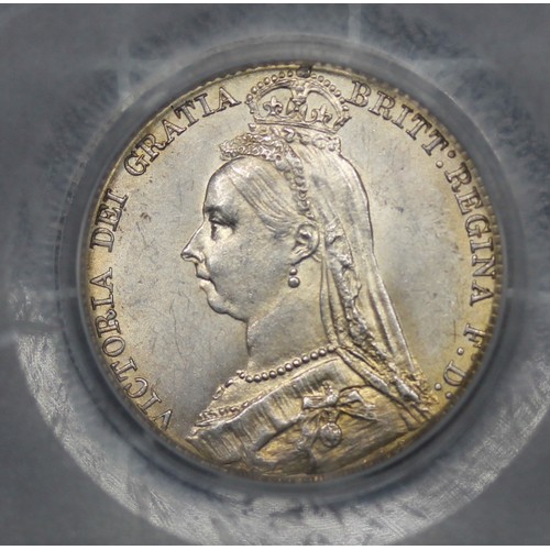 107 - 1889 Sixpence, Victoria. Graded CGS78. Davies 1165 (Dies 1+D). Lustrous with peripheral obverse toni... 