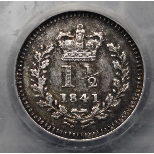 73 - 1841 Threehalfpence, Victoria. Graded CGS80. CGS Variety 2 with first 1 in date left tilted over ano... 