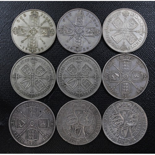 223 - Mixed UK florins (1887-1932) including 1887 (plugged ex-edge mount), 1888, 1898, 1899, 1922, 1924, 1... 