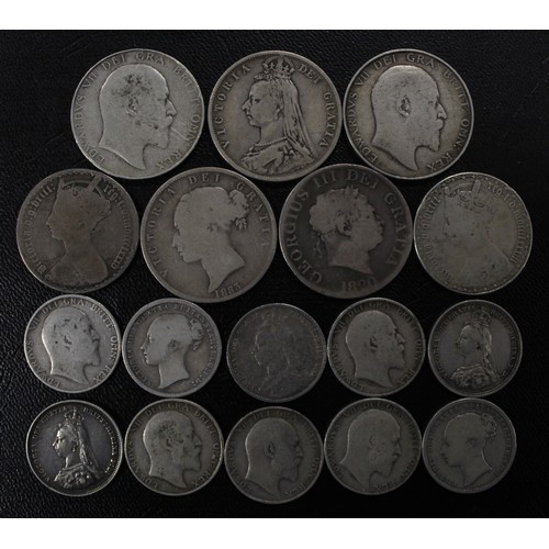 225 - Pre-1920 Silver (145g). Edward VII to George III in mixed grades.