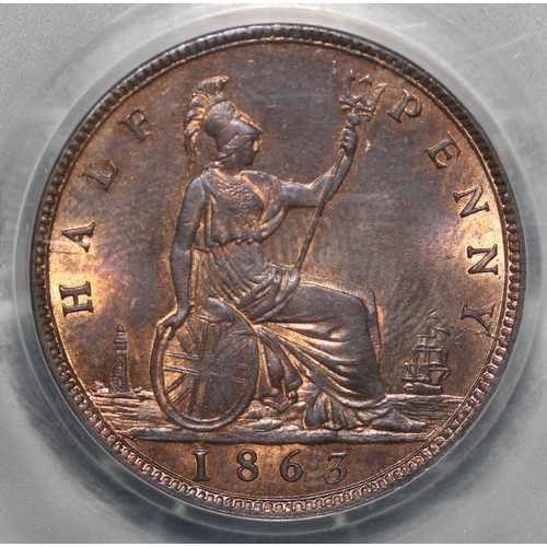 43 - 1863 Half Penny, Victoria. Graded CGS75 and ex-NGC MS63RB prior. Freeman 292. Beautifully contrastin... 