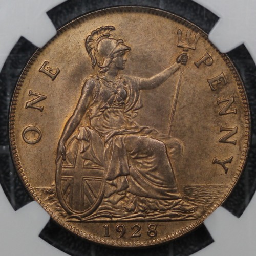 67 - 1928 Penny, George V. Graded NGC MS64RB, Freeman 199. Vertical scuff on photos a scratch on the slab... 