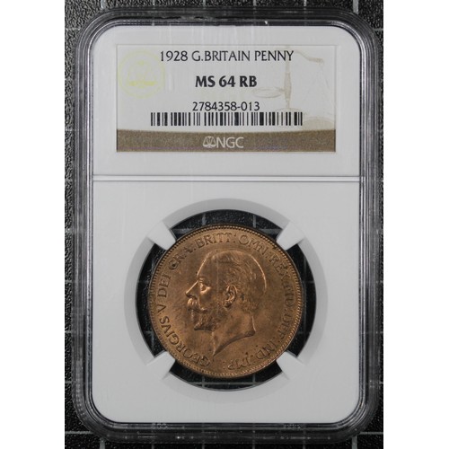 67 - 1928 Penny, George V. Graded NGC MS64RB, Freeman 199. Vertical scuff on photos a scratch on the slab... 