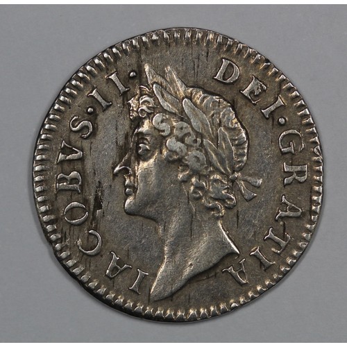 83 - 1687/6 Fourpence, James II. 7 over 6 in date. Some haymarking and flan flaws otherwise gVF/nEF for i... 