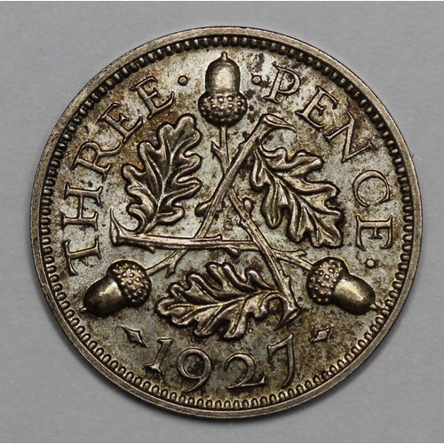 81 - 1927 Proof Threepence, George V. Toned aUNC with subdued lustre.