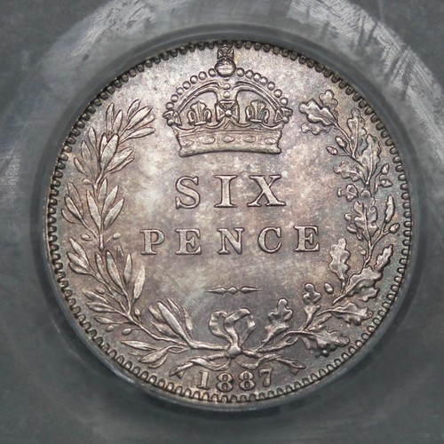 106 - 1887 Sixpence, Victoria. Wreath reverse. Graded CGS82 and with full lustre and attractive tone.