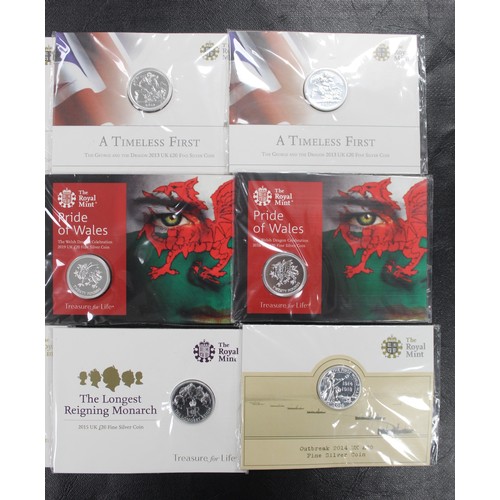 134 - BUNC Silver £20 coins (12) in Royal Mint presentation packs comprising 2013 George & Dragon (4),... 