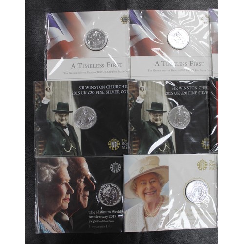 134 - BUNC Silver £20 coins (12) in Royal Mint presentation packs comprising 2013 George & Dragon (4),... 