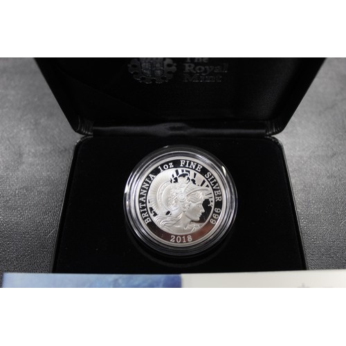 122 - 2018 Proof 1oz Britannia. A couple of surface marks otherwise as issued with case, COA & outer s... 