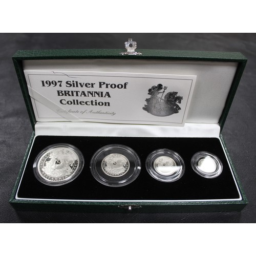 121 - 1997 Proof Silver Britannia 4-coin set in green case of issue with COA (this with a pen mark). A cou... 