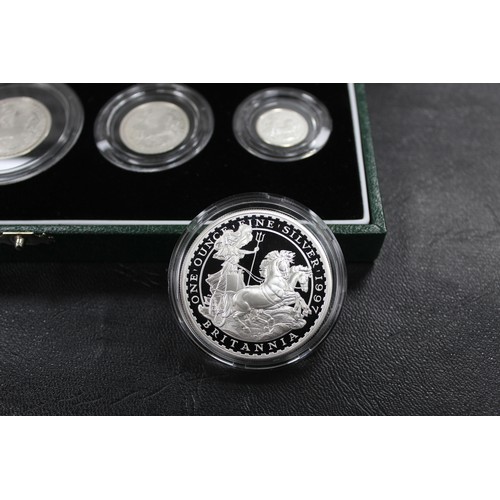 121 - 1997 Proof Silver Britannia 4-coin set in green case of issue with COA (this with a pen mark). A cou... 