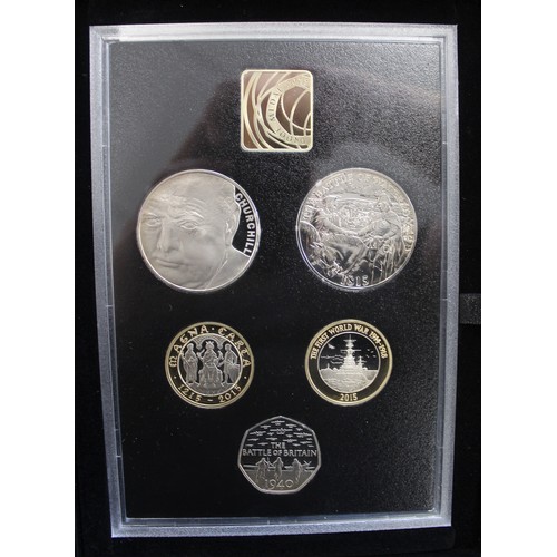 160 - 2015 Royal Mint 13-coin proof set including Churchill & Battle of Waterloo £5's.