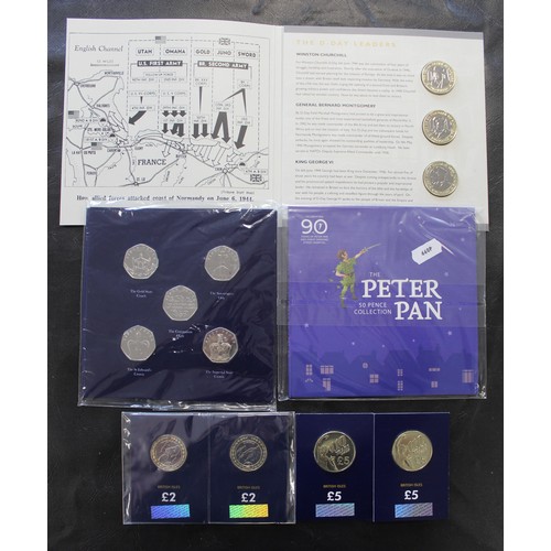 220 - Coins of the Isle of Man comprising 2019 Peter Pan 50p, 2018 65th Anniversary 50p set, 2019 D-Day Le... 