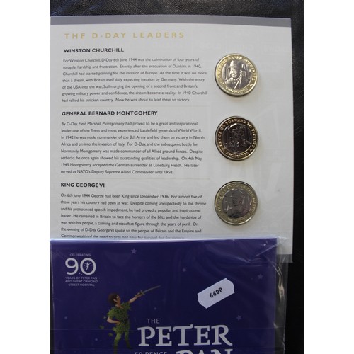 220 - Coins of the Isle of Man comprising 2019 Peter Pan 50p, 2018 65th Anniversary 50p set, 2019 D-Day Le... 