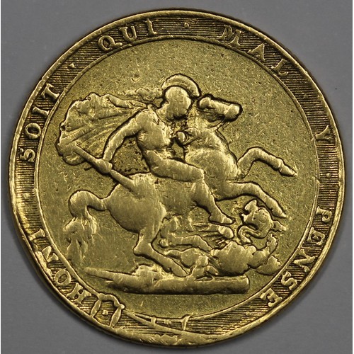 70 - 1820 Sovereign, George III. Open 2; Marsh 4. Fair and seemingly ex-mount. Nevertheless sovereigns of... 