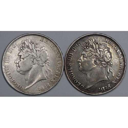 58 - 1821 & 1822 Crowns, George IV. Both cleaned, the latter with dark toning.