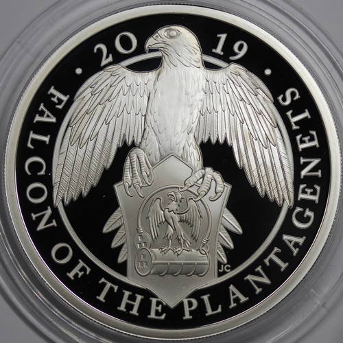 115 - 2019 Silver proof Queen's Beast Falcon of the Plantagenets. A few small marks in the fields otherwis... 