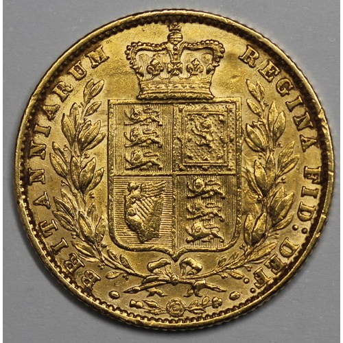 71 - 1862 Sovereign, Victoria young head with shield reverse. Cleaned otherwise an attractive VF/gVF with... 