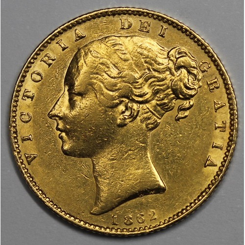 71 - 1862 Sovereign, Victoria young head with shield reverse. Cleaned otherwise an attractive VF/gVF with... 