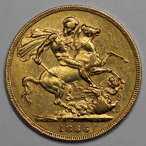 73 - 1886M Sovereign, Victoria young head, Melbourne mint. Cleaned otherwise gVF.